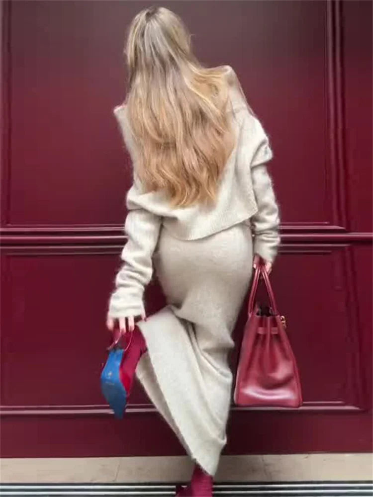 סט סריג שני חלקים חולצת כתפיים חשופות וחצאית מקסי - אילונה