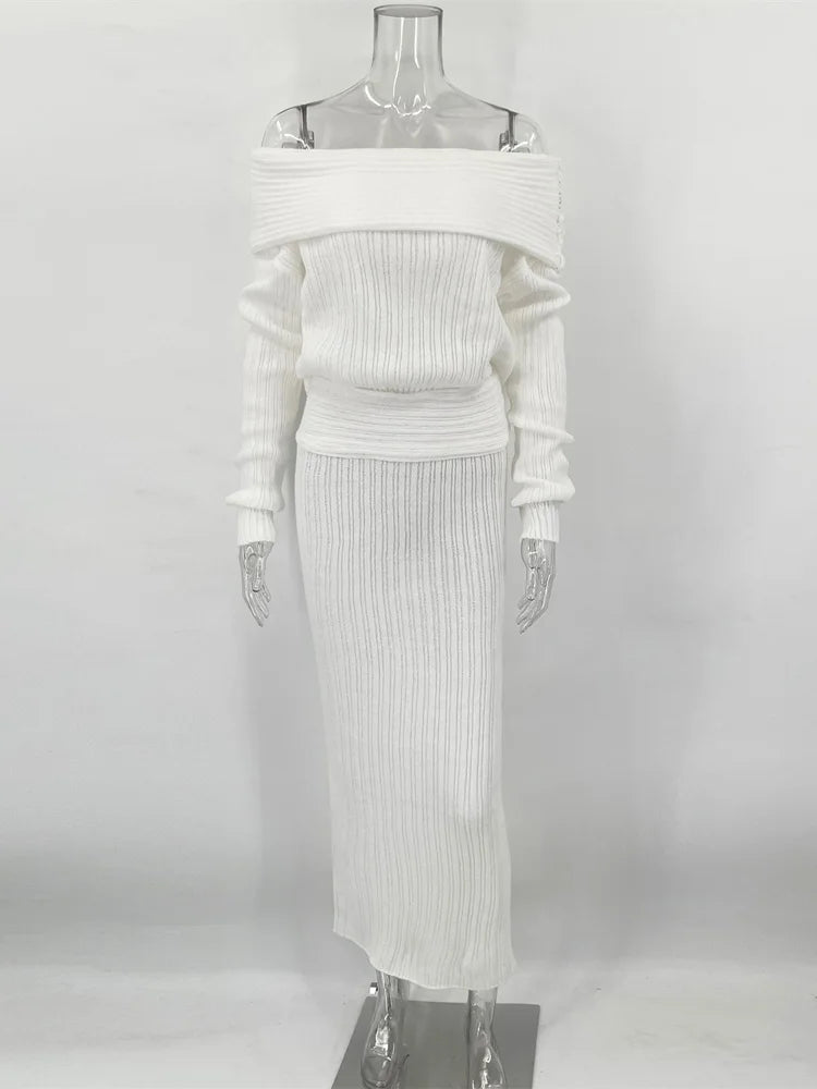 סט סריג שני חלקים חולצת כתפיים חשופות וחצאית מקסי - אילונה