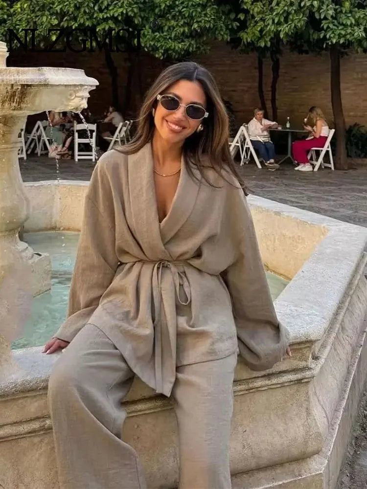 חליפת פשתן שני חלקים חולצת קשירה ומכנסיים ארוכים - אווה